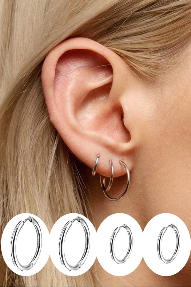 Women's Silver Color Surgical Steel Hoop Earrings 4 Pieces
