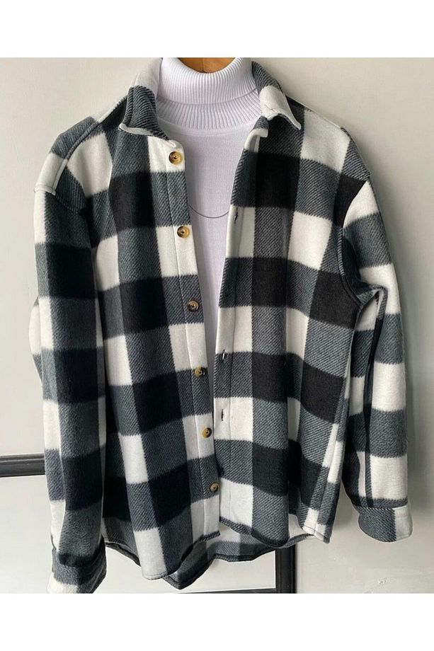 Siyah Unisex Regular Fit Kışlık Kalın Polar Gömlek - 1