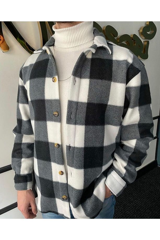 Siyah Unisex Regular Fit Kışlık Kalın Polar Gömlek - 5