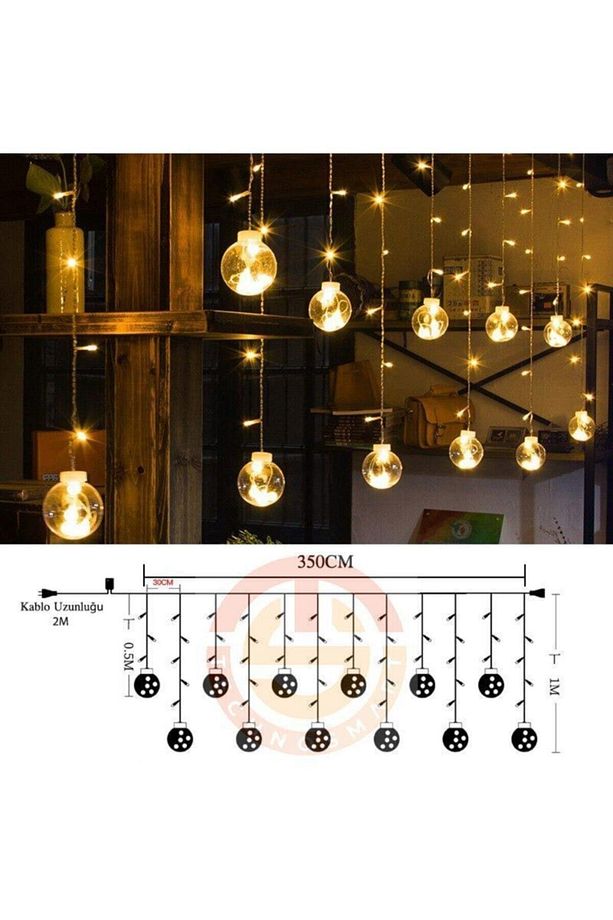 Küre Perde Led 3mt 12 Toplu Animasyonlu Eklenebilir Fişli Kablolu Led Dekoratif Ampül Sarı Işık - 2