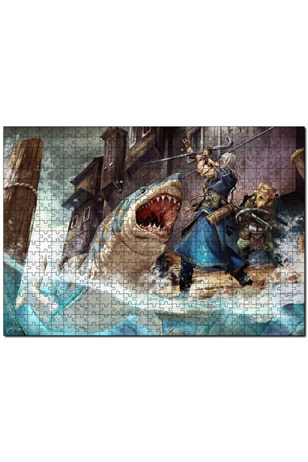Cakasepetim Vikings and Attacking Shark Illustration 255 Piece Puzzle Jigsaw Mdf (Wood)