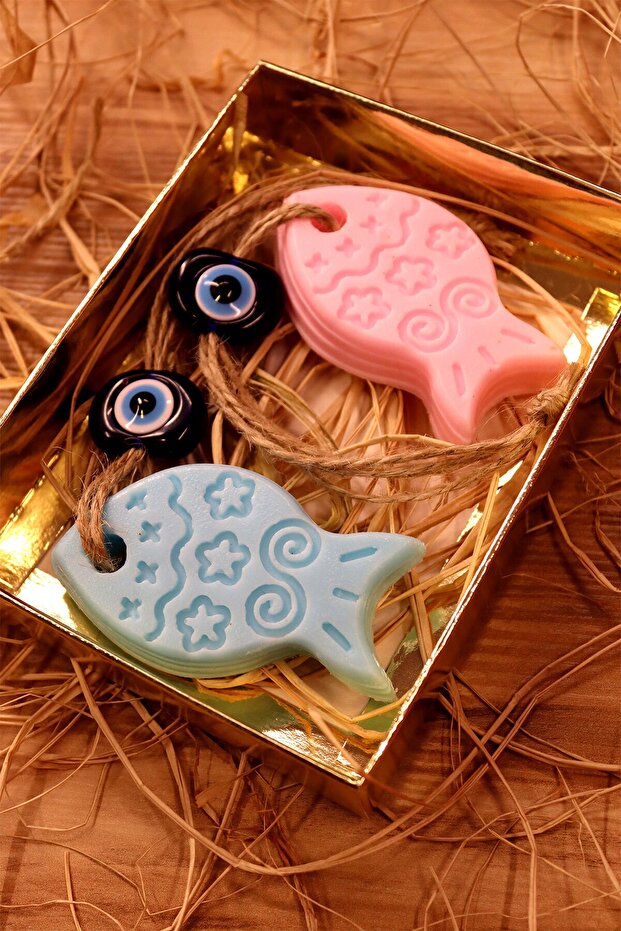 2-Pack of Decorative Evil Eye Beads and Hangable Fish Figure Bath Soap in a Kraft Cardboard Box