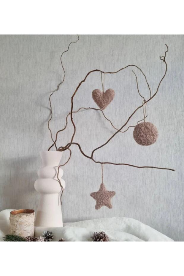 New Year's Eve Pine Tree Ornament Boucle Teddy Heart & Round & Star Set of 3 Brown