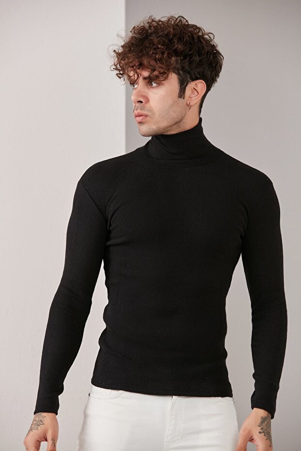 Men's Night Black Turtleneck Knitwear Lycra Sweater