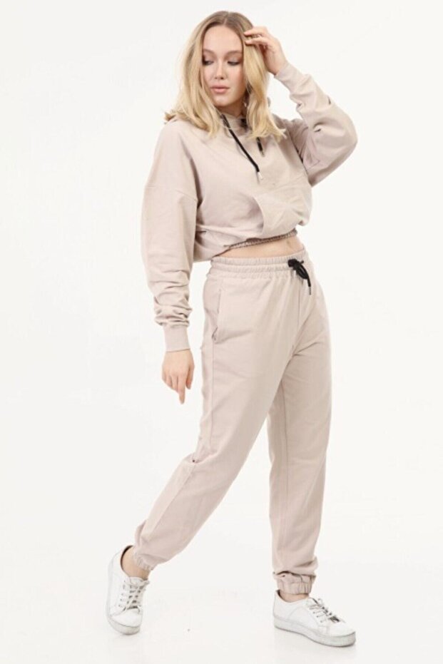 Set de damă crop cu glugă bej - 4