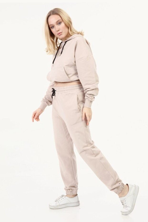 Set de damă crop cu glugă bej - 5