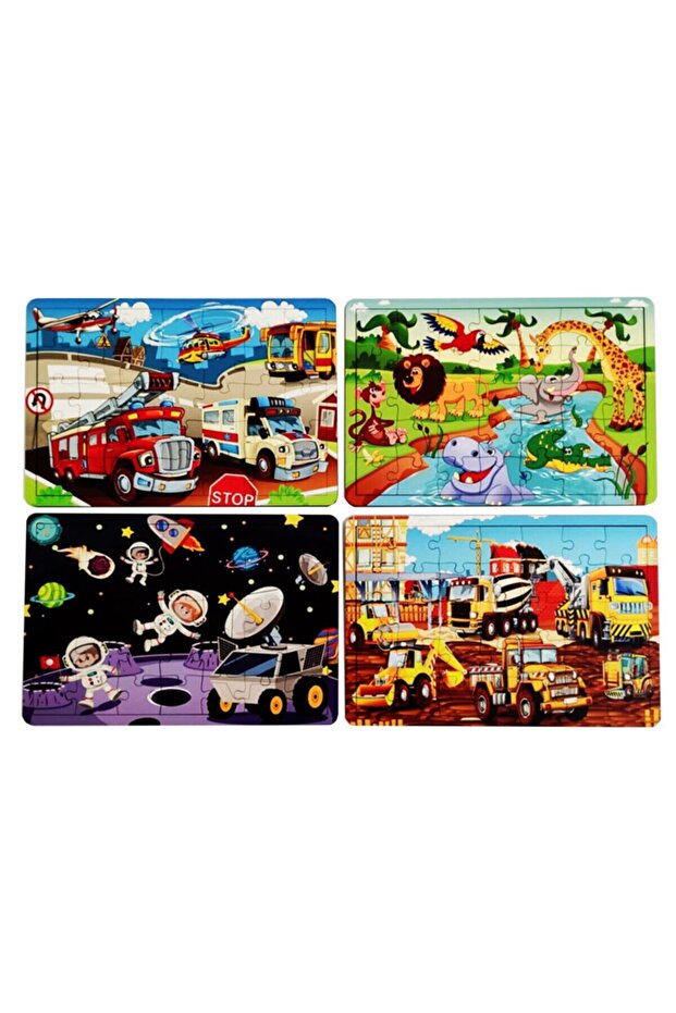 4 Adet Uzay Üstü, Nehirde Yüzen Hayvanlar, Iş Makineleri, Itfaye Ambulas Ahşap Puzzle Seti - 1