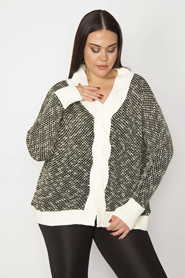 Women's Large Size Black Knitwear Woven Closed Front Tunic Cardigan 65n29348