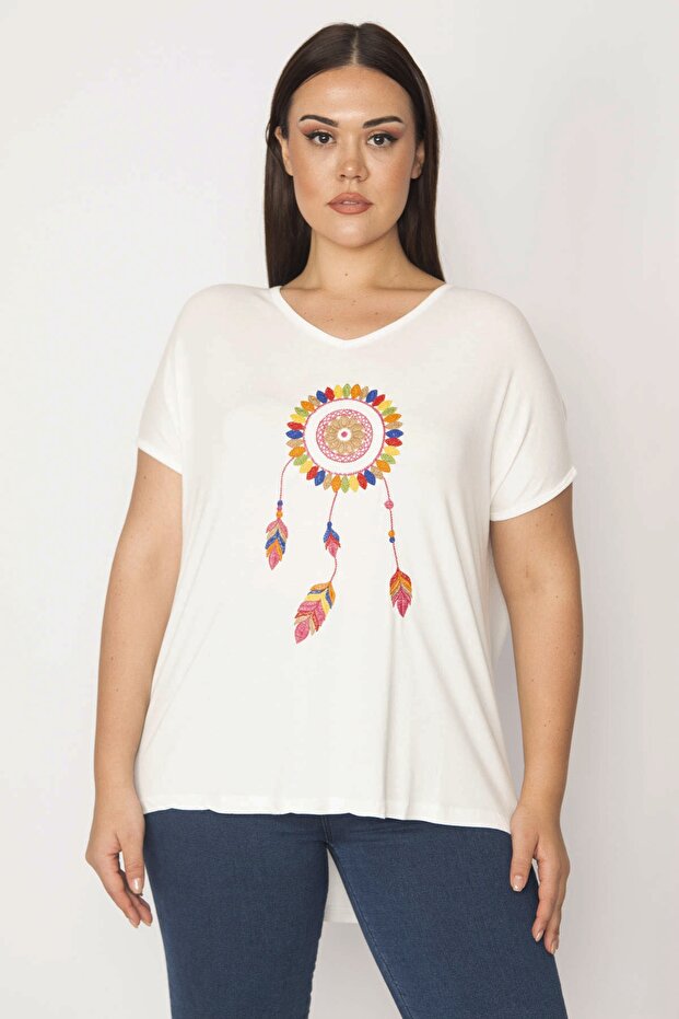 Women's Large Size Bone Embroidery Detailed V-Neck Low Sleeve Blouse 65n29513