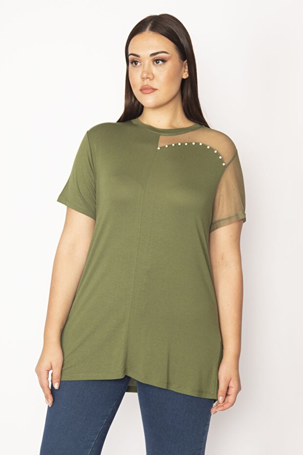 Women's Khaki Large Size Tulle and Pearl Detailed Blouse 65n35670