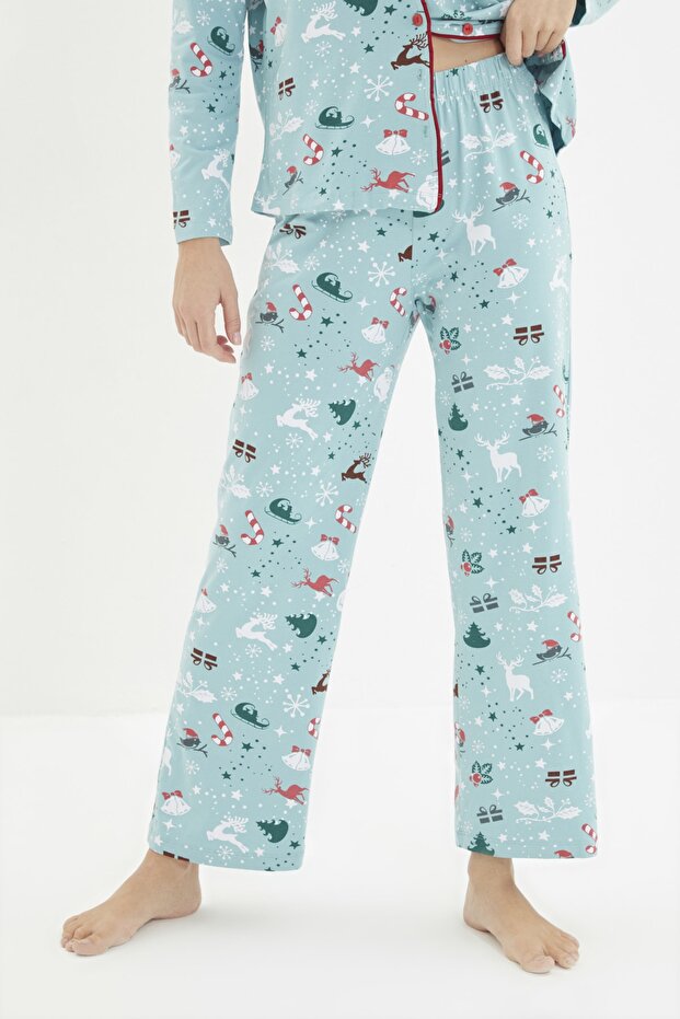 Turkuaz %100 Pamuklu Kış Yılbaşı Temalı Örme Pijama Takımı THMAW22PT1211 - 4