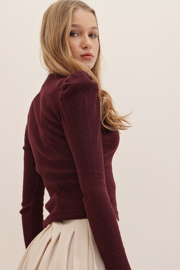 بلوزة نسائية ذات أكمام قصيرة ذات أكمام الأميرة العنابية ونصف الياقة المدورة ALC-X5042 - 4