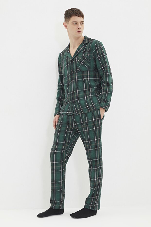 Yeşil Regular Fit Ekose Dokuma Pijama Takımı TMNAW22PT1080 - 11