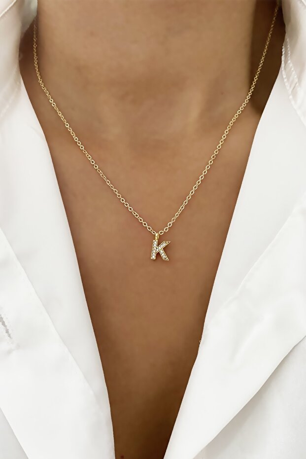Thin Chain Zircon Stone Letter Necklace Letter K