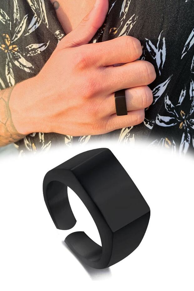 خاتم رجالي باللون الأسود غير اللامع مستطيل الشكل قابل للتعديل - 1