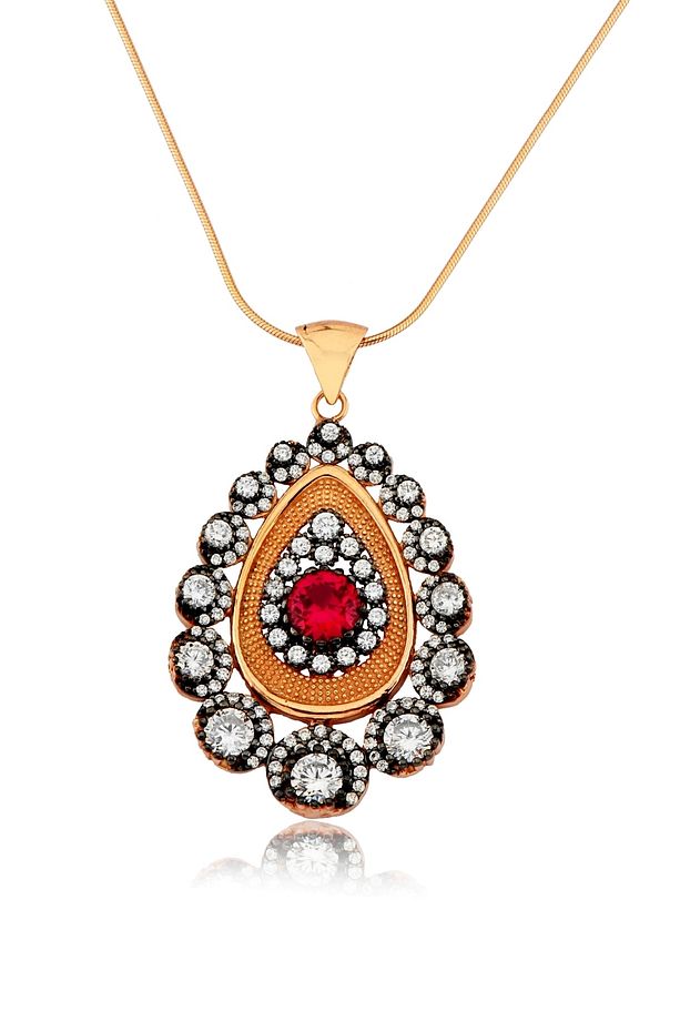 925 Ayar Gümüş Pembe Taşlı Tasarım Rose Sultan Kolye - TN02201 - 2