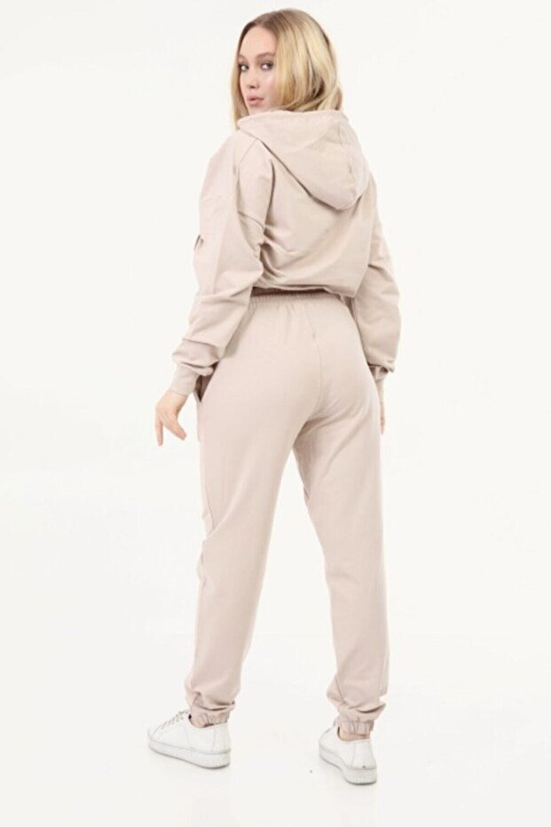 Set de damă crop cu glugă bej - 6