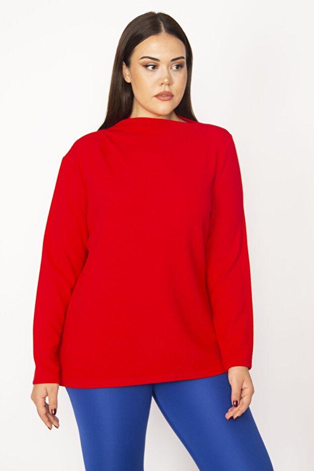 Women's Large Size Red Stand-Up Collar Blouse 65n29469