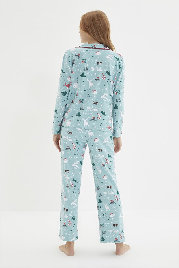 Turkuaz %100 Pamuklu Kış Yılbaşı Temalı Örme Pijama Takımı THMAW22PT1211 - 5