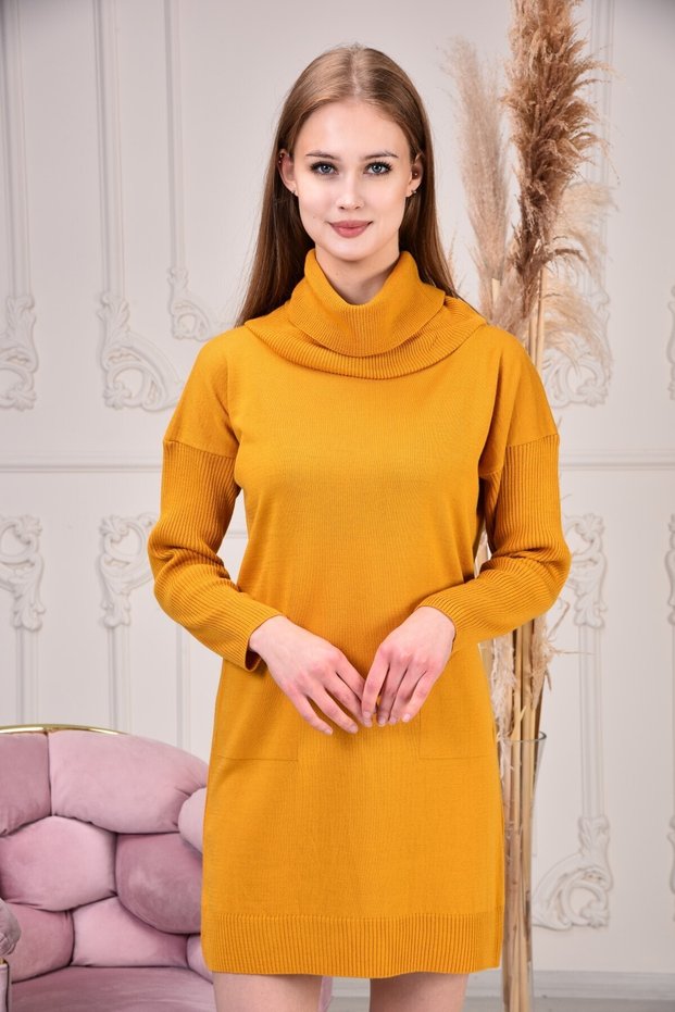 Women's Mustard Lace Collar Knitwear Dress