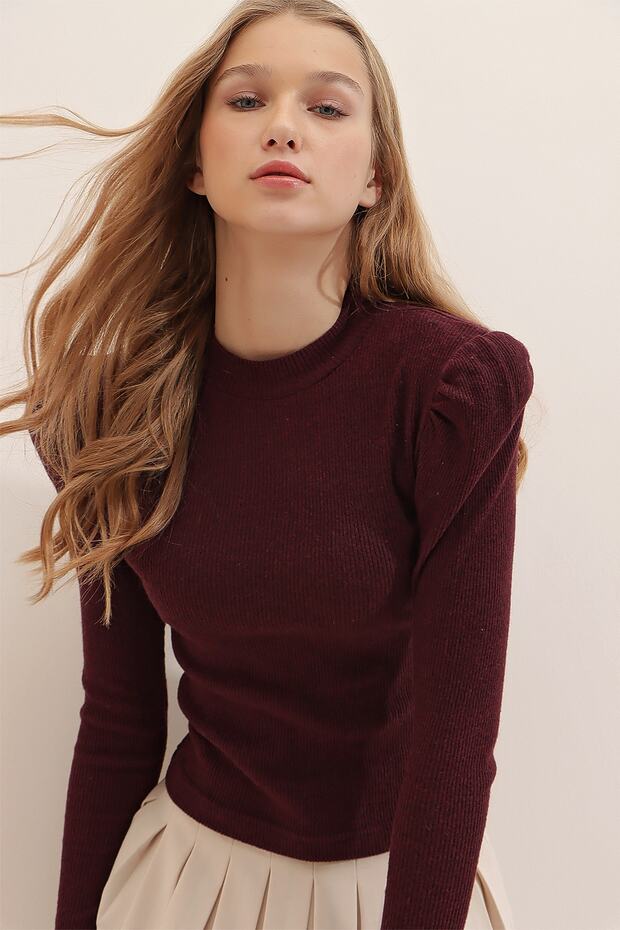 بلوزة نسائية ذات أكمام قصيرة ذات أكمام الأميرة العنابية ونصف الياقة المدورة ALC-X5042 - 1