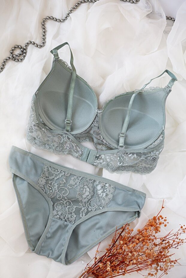 Kadın Su Yeşili Dolgulu Dantel Sütyen ve Külot Takım - 2