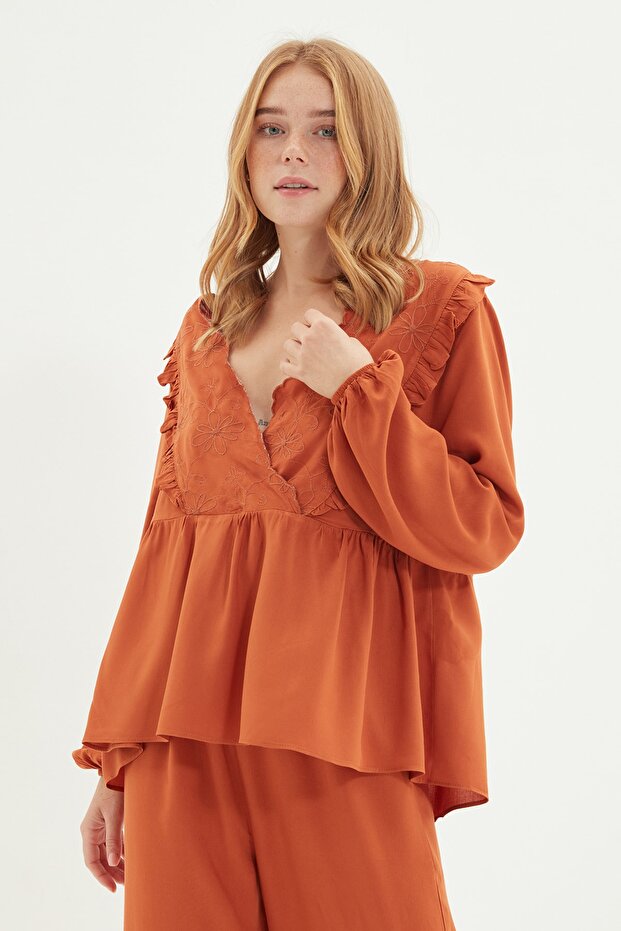 Set tkaného pyžama s vyšívaným květem skořice Thmaw22Pt0293 - 3