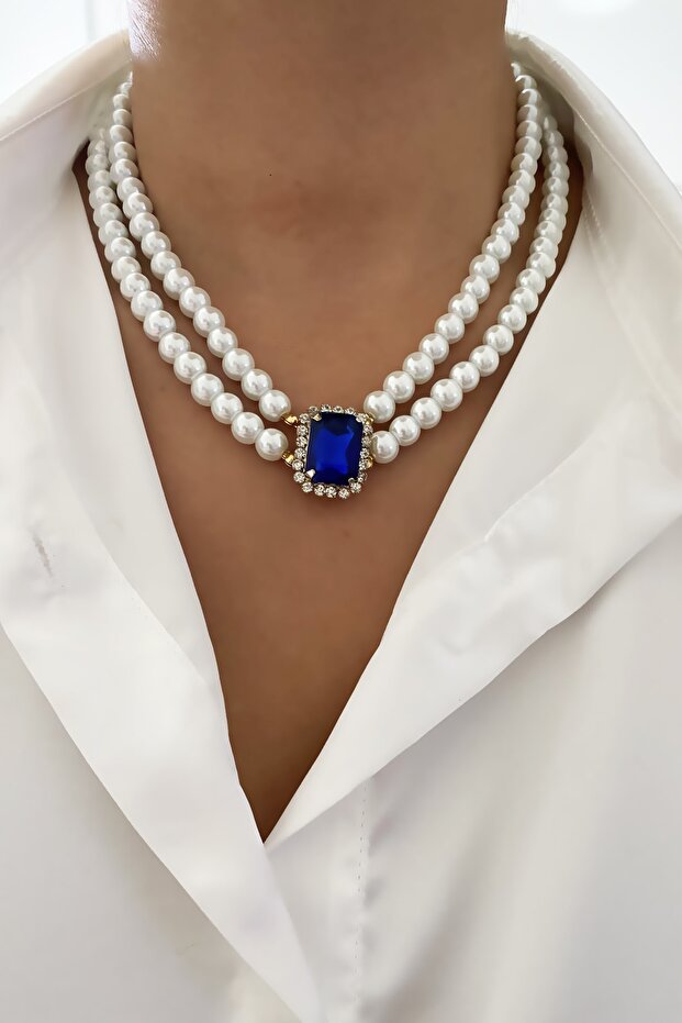 Double Row Sapphire Look Evening Dress Necklace