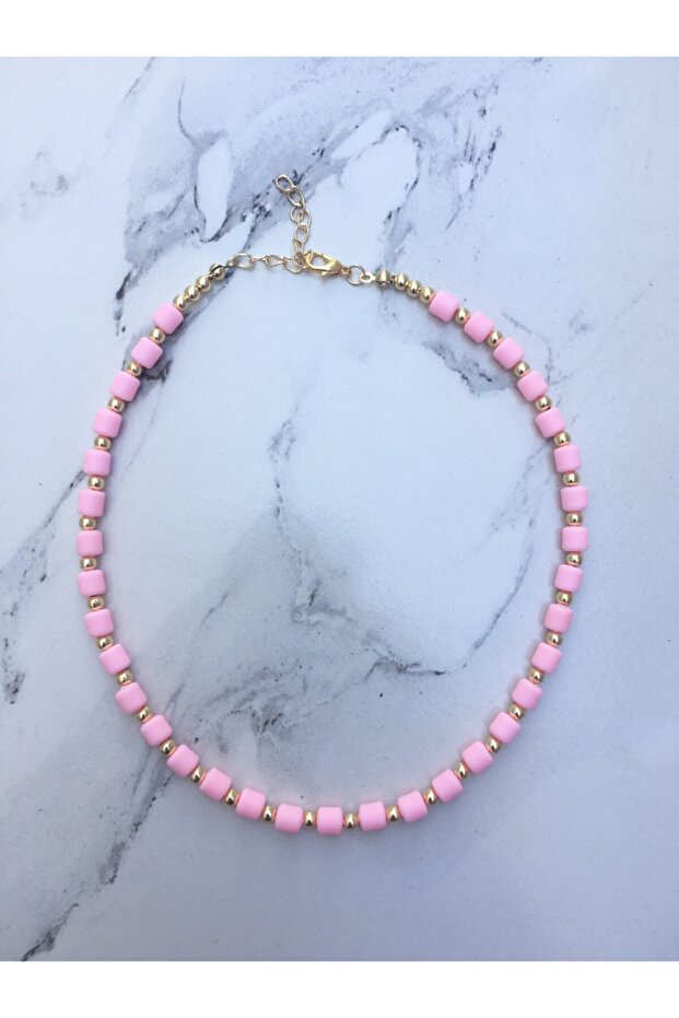 Pembe Mat Boncuklu Kolye - 1
