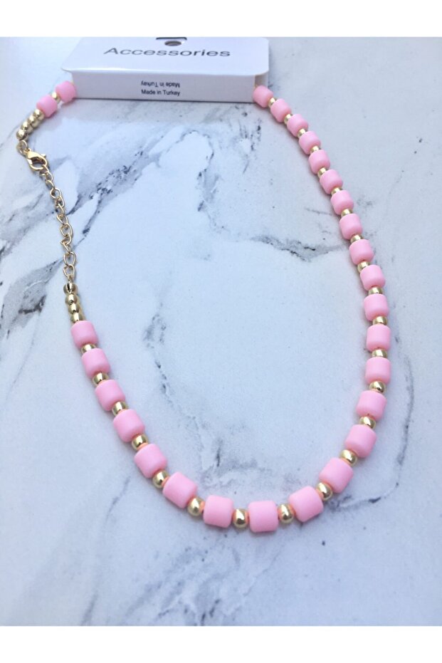 Pembe Mat Boncuklu Kolye - 3