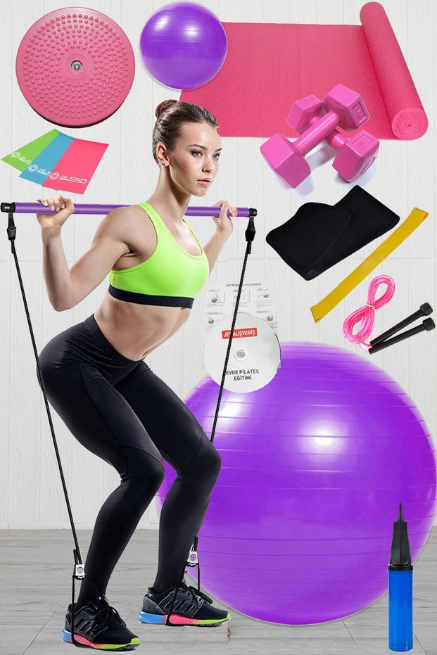 15 Piece Pilates Set Ball Pilates Band Dumbbell Mat Jump Rope Twister Aerobic Belt Pilates Bar Purple