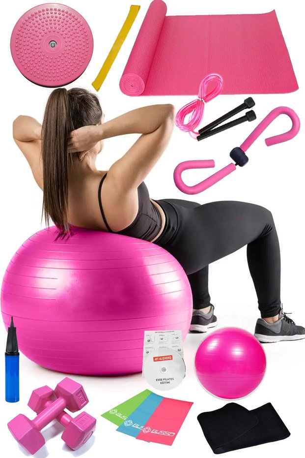 15 Piece Pilates Set Ball Pilates Band Dumbbell Mat Jump Rope Twister Aerobic Belt Butterfly Pink