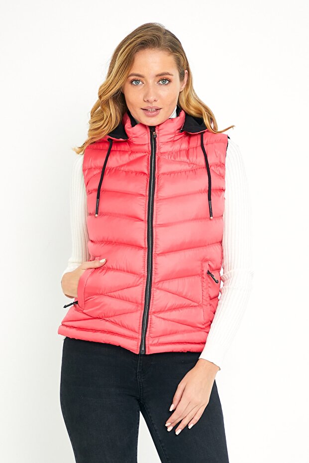Rosa Pufferweste mit Fleece-Kapuze für Damen - 1
