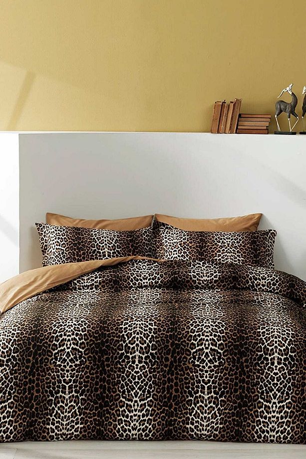 Çift Kişilik Saten Delux Nevresim Takımı-Leoparrd Kahve - 1