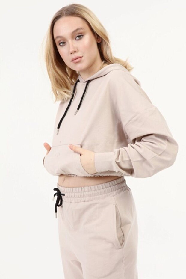 Set de damă crop cu glugă bej - 3