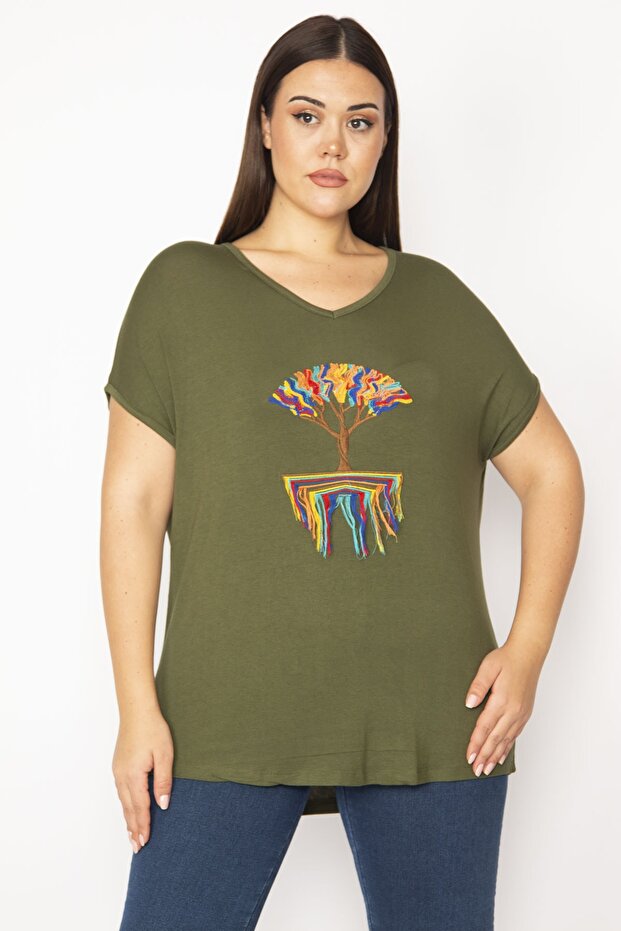 Women's Large Size Khaki Embroidery Detailed Low Sleeve Viscose Blouse 65n29506