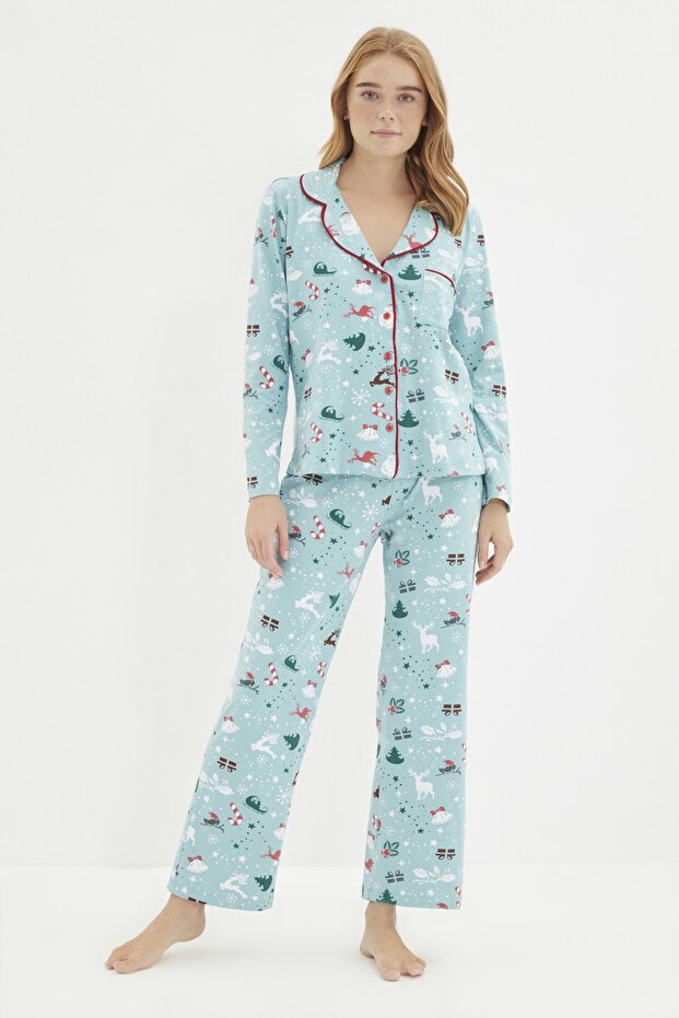Turkuaz %100 Pamuklu Kış Yılbaşı Temalı Örme Pijama Takımı THMAW22PT1211 - 3