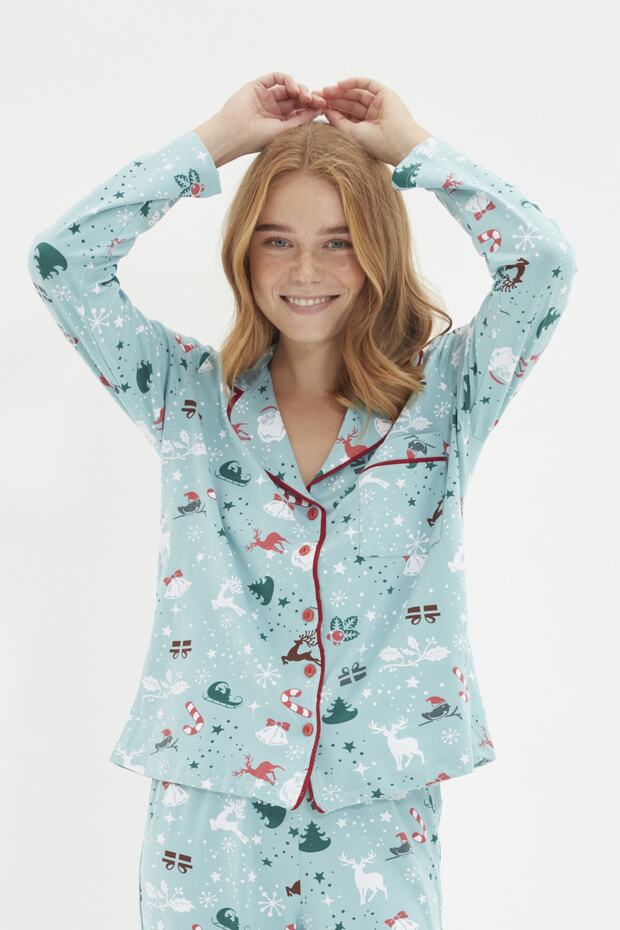 Turkuaz %100 Pamuklu Kış Yılbaşı Temalı Örme Pijama Takımı THMAW22PT1211 - 1