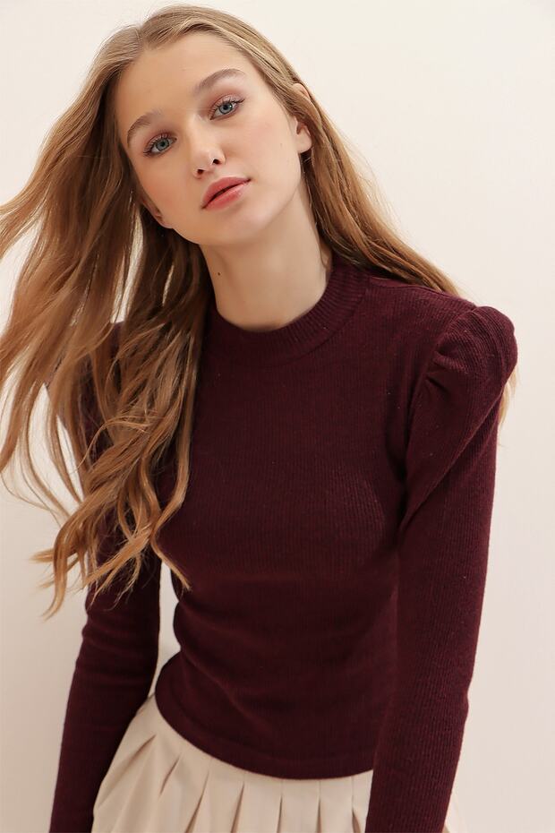 بلوزة نسائية ذات أكمام قصيرة ذات أكمام الأميرة العنابية ونصف الياقة المدورة ALC-X5042 - 3