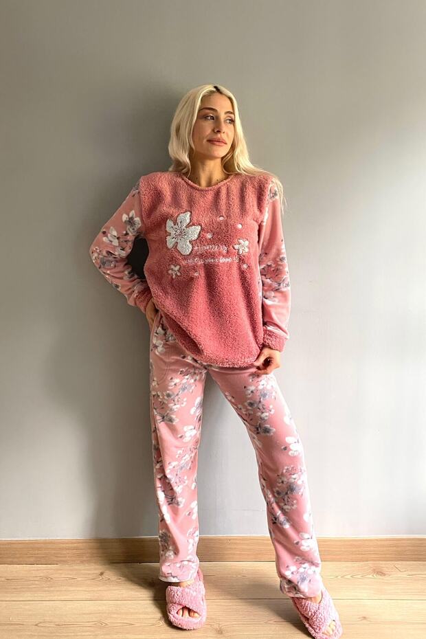 Pembe Yaprak Desenli Kadın Peluş Pijama Takımı - 5