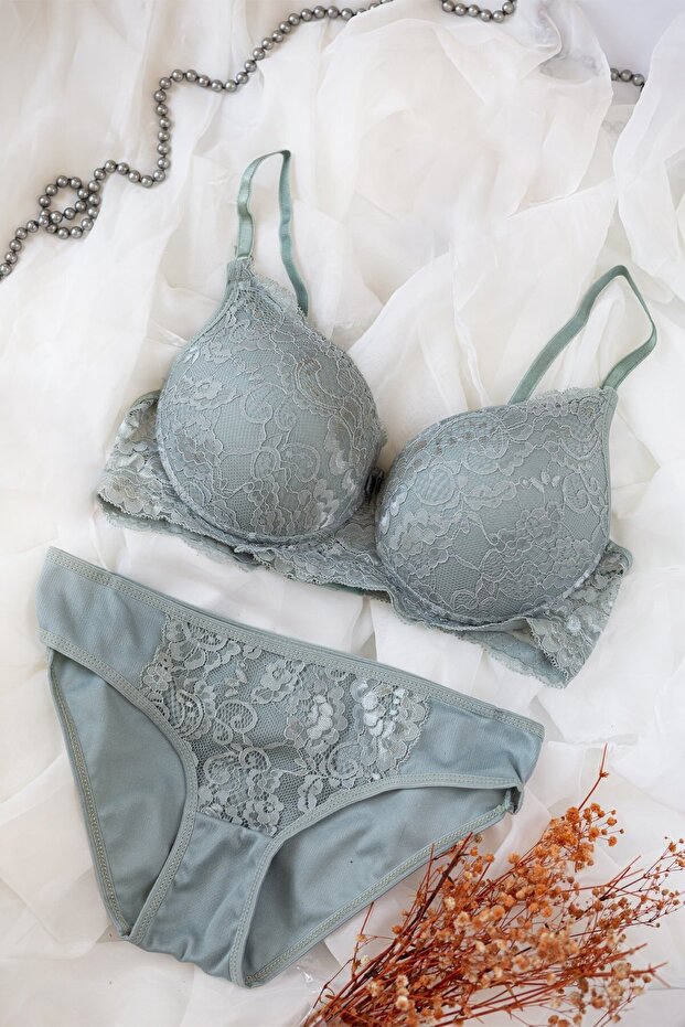 Kadın Su Yeşili Dolgulu Dantel Sütyen ve Külot Takım - 1