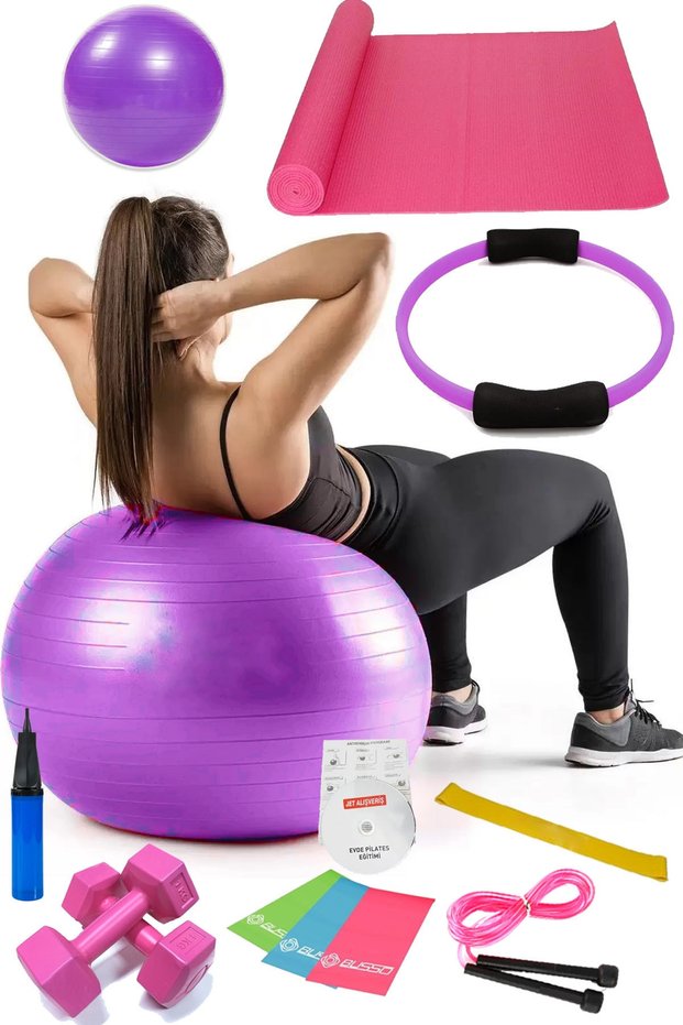 13-Piece Pilates Set Ball, 3-Piece Pilates Band Elastic Dumbbell Mat Jump Rope Pilates Circle Purple