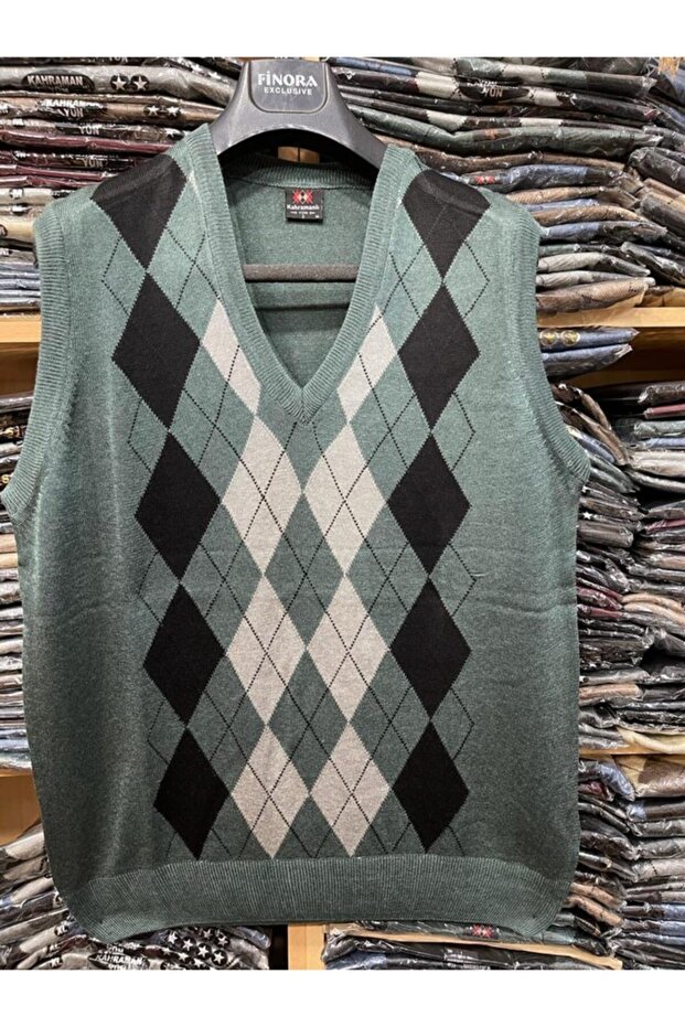 Men's Khaki Green Checkered Patterned V-Neck Fine Knitwear Sweater