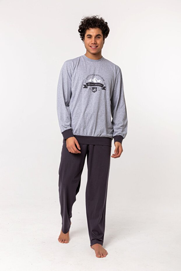Front Printed Gray Long Sleeve Winter Cotton Pajamas Set