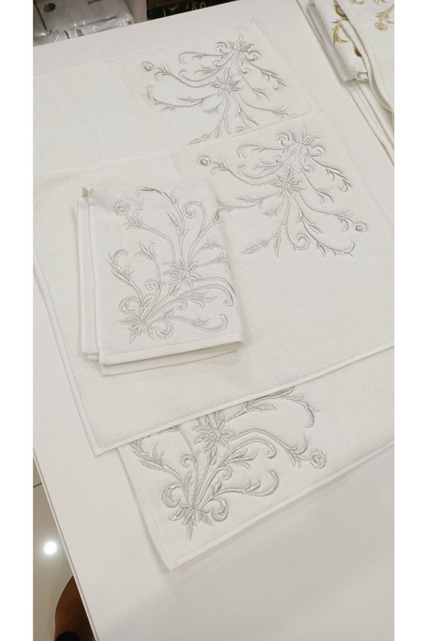 Gümüş Nakış Işlemeli Bambu Banyo Paspas Seti 3 Parça Set - 1