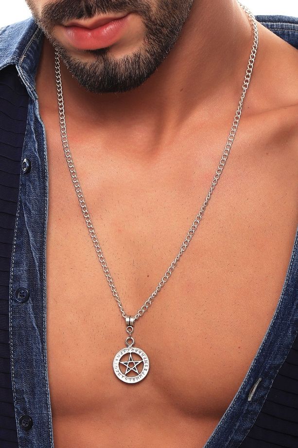 Erkek Antik Gümüş Kaplama Pentagram Kolye - 1