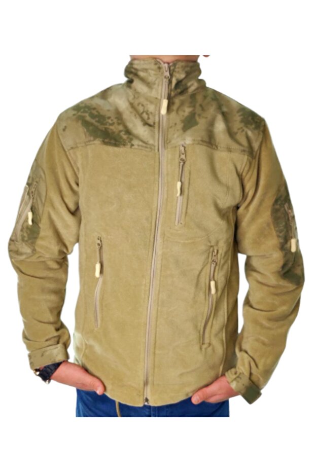 Men's Gendarmerie Patterned Beige Tactical Softshell Fleece Zippered Coat