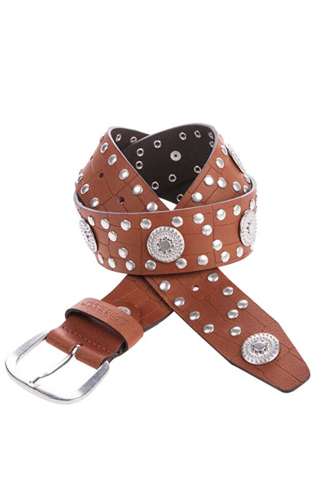 Women's Brown Metal Embroidered Genuine Leather Belt