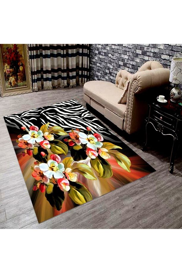 Çiçekli Zebra Desenli Dijital Baskılı Halı - 1