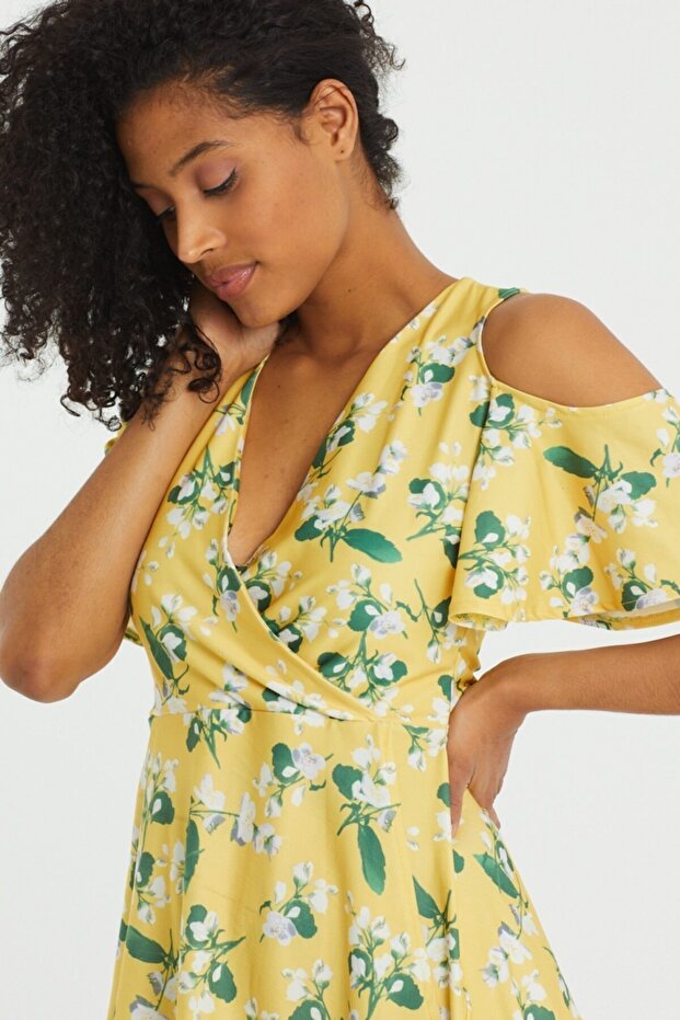 Kadın Sarı Baskılı Elbise - 1